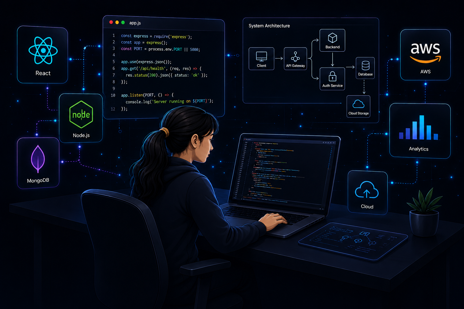 Developer coding at desk illustration